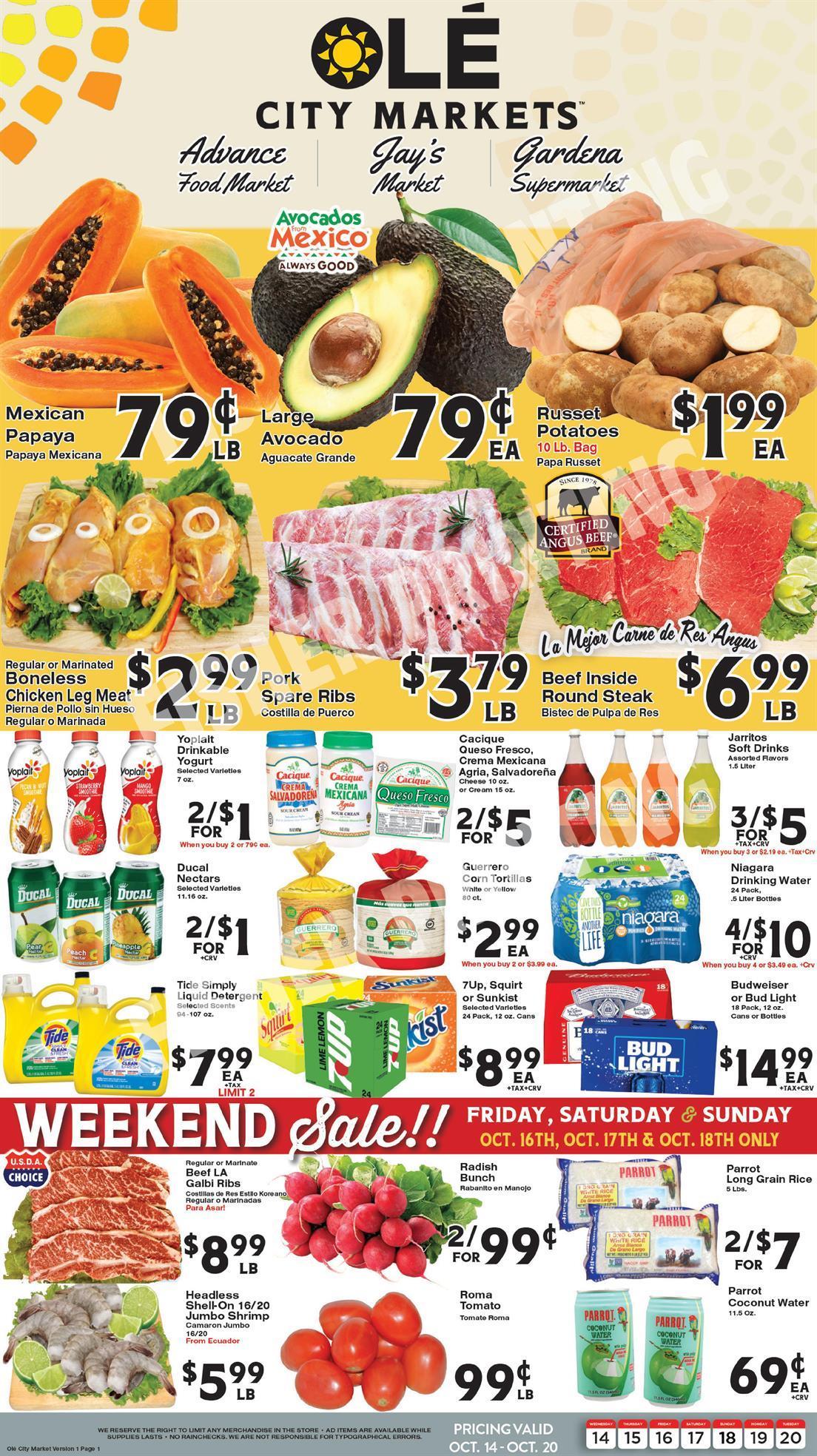 Weekly ad, page 1: featured offers and October 16–18 weekend specials. Offers are also listed as text on this page.