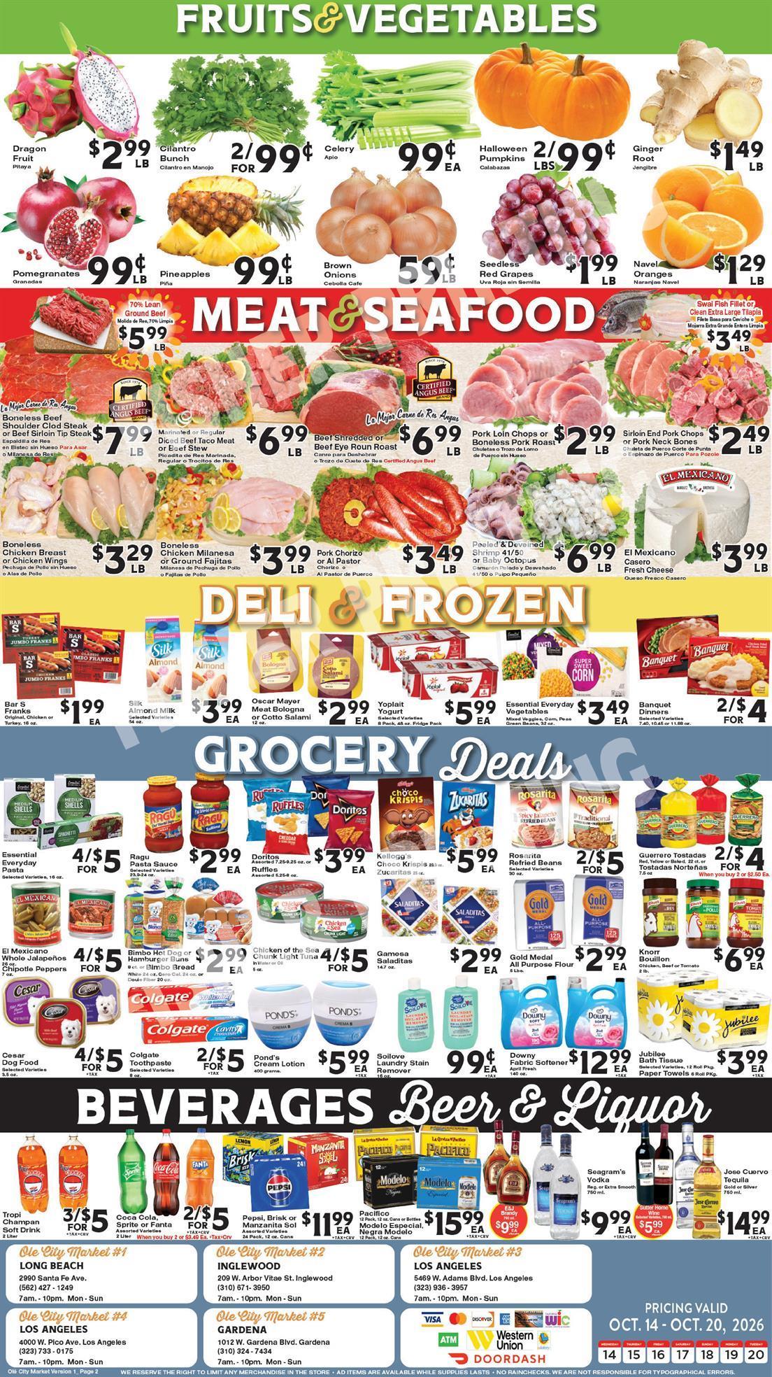 Weekly ad, page 2: produce, meat, deli, grocery, beverages, and participating store locations. Offers are also listed as text on this page.